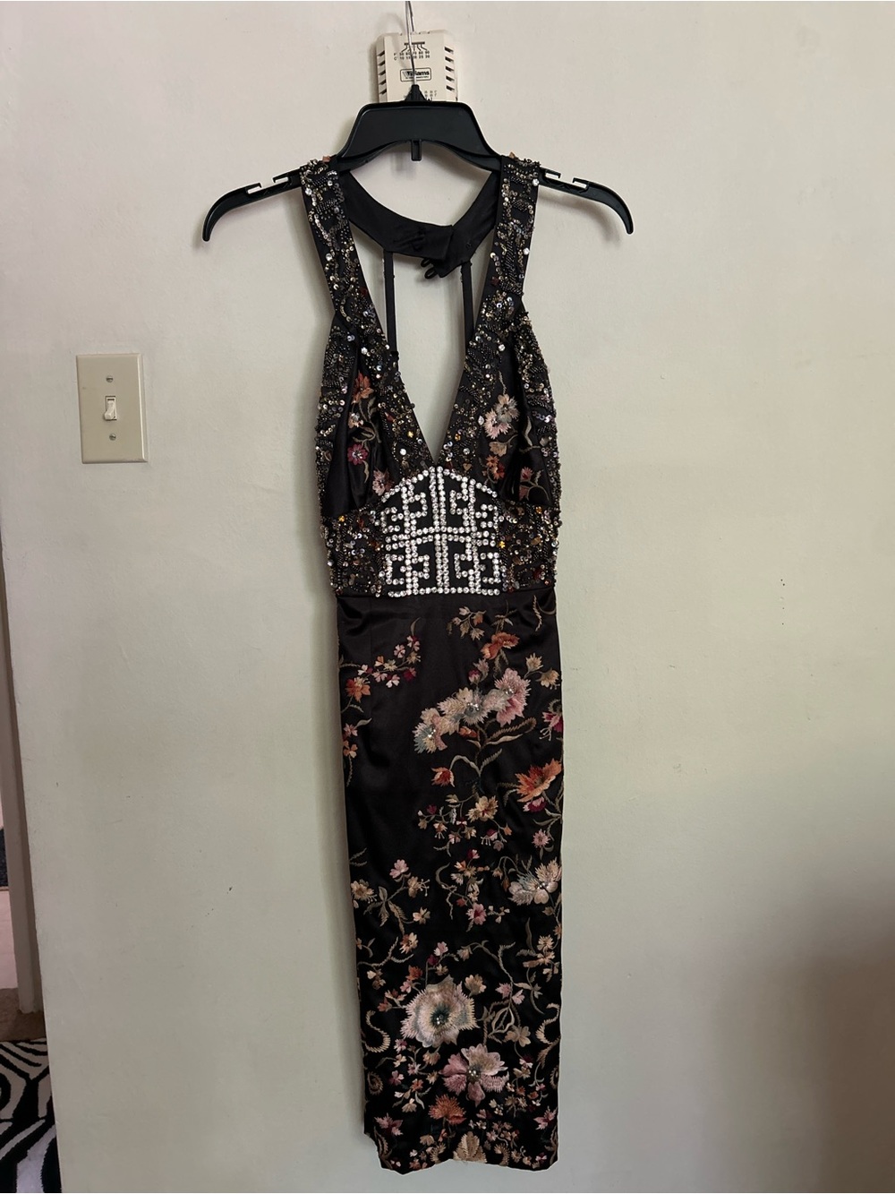 Black Floral Beaded Halter Midi Dress